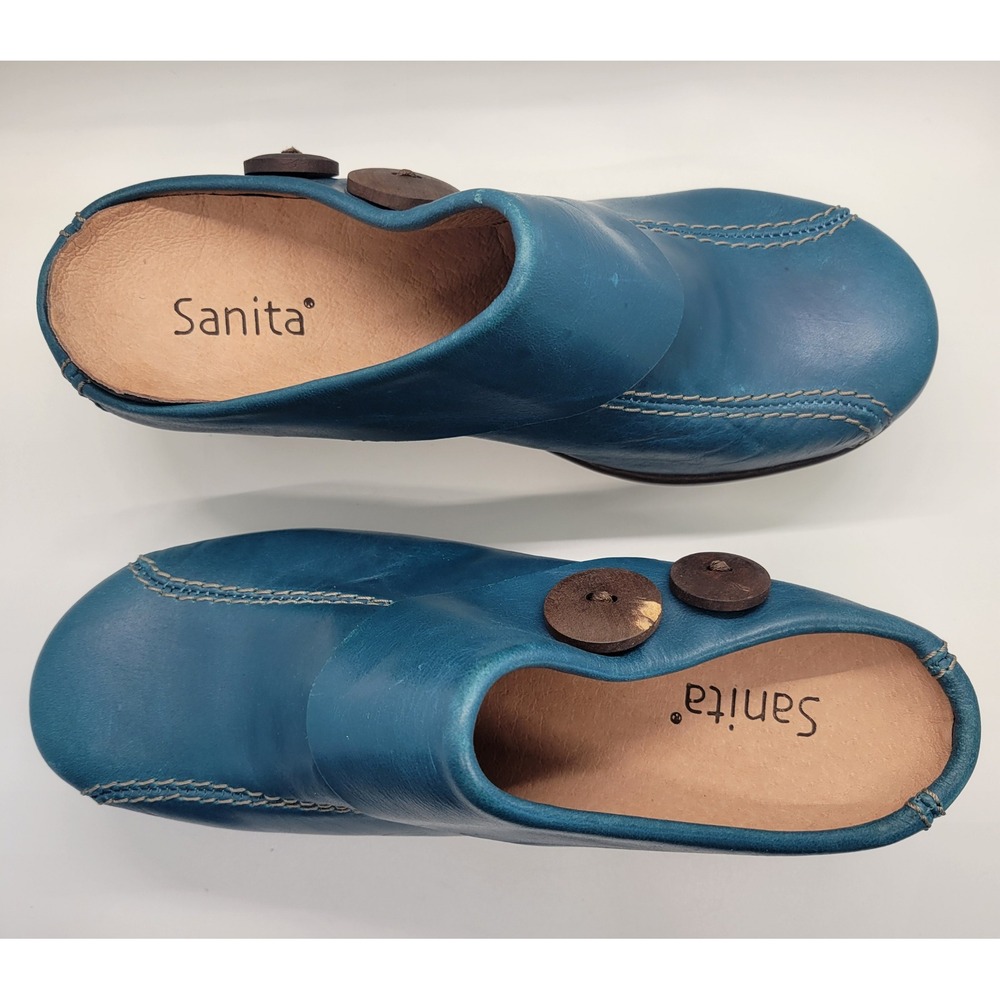Sanita Teal Blue Leather Mule Clogs Women EU 37 US 6.5-7 Comfort Button 70s 90s - Picture 2 of 16